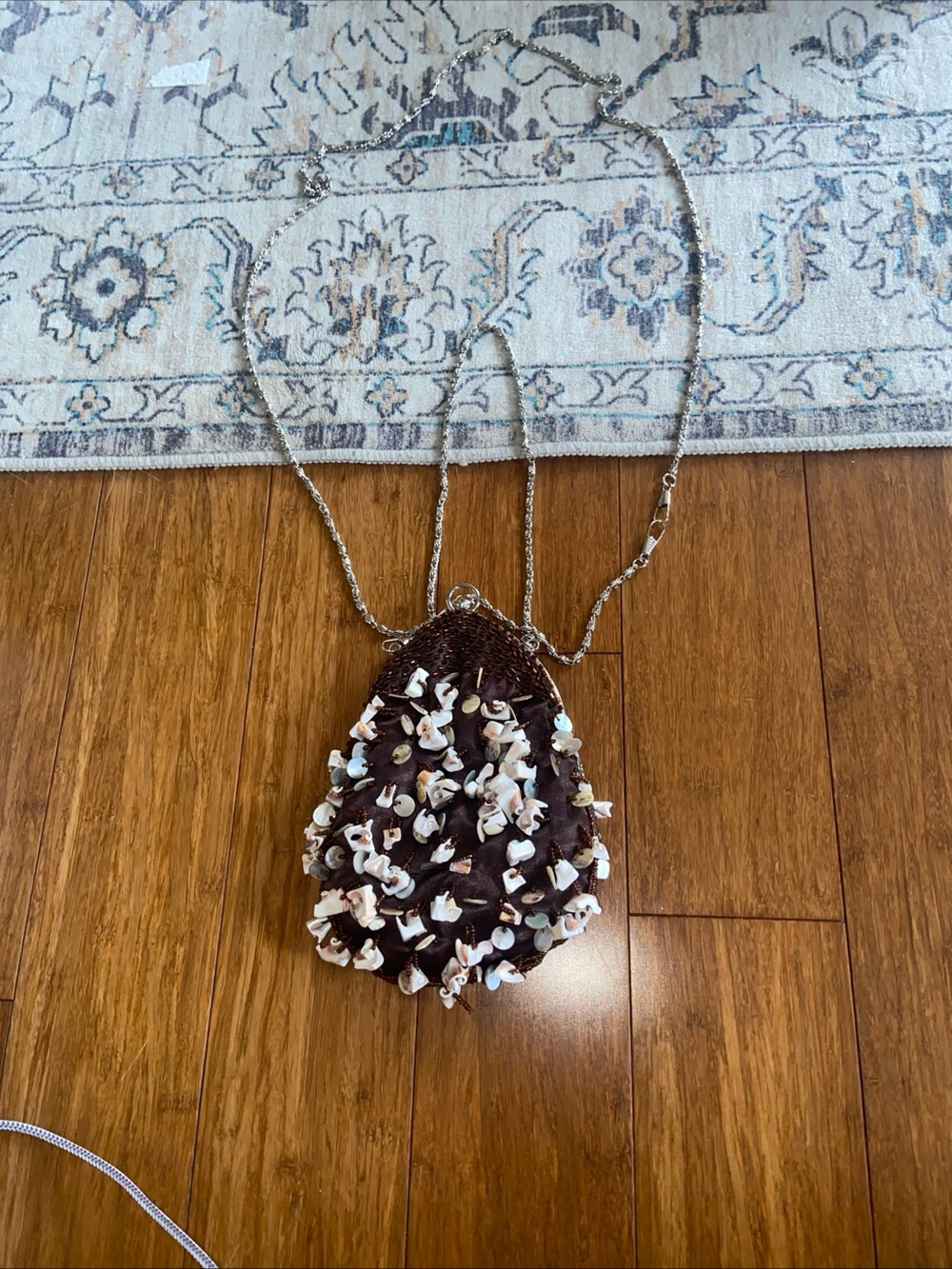 Shell-Embellished Brown Beaded Crossbody